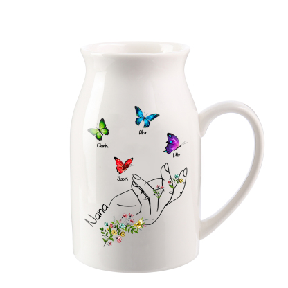 4 Names - Personalized Beautiful Flower Hand Butterfly Style Ceramic Vase with Customizable Names As a Special Gift For Mum