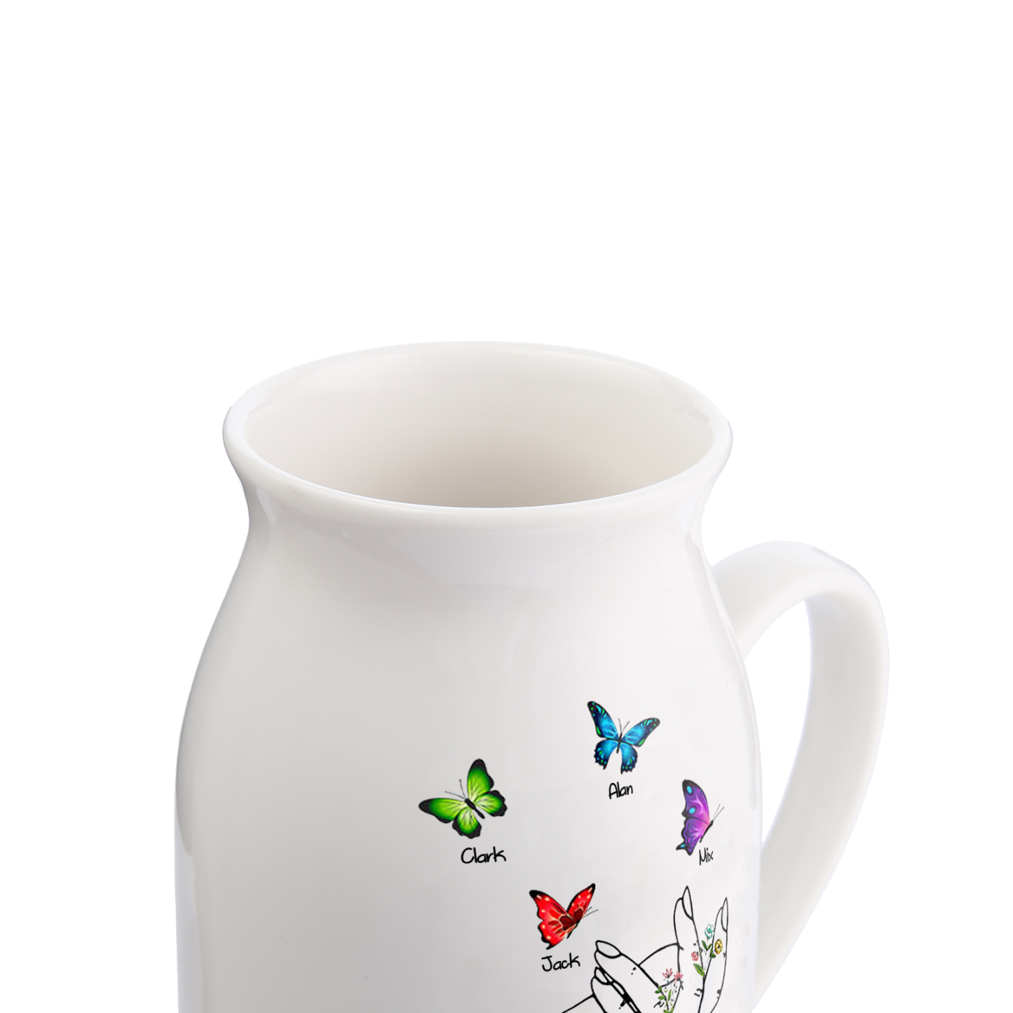 4 Names - Personalized Beautiful Flower Hand Butterfly Style Ceramic Vase with Customizable Names As a Special Gift For Mum