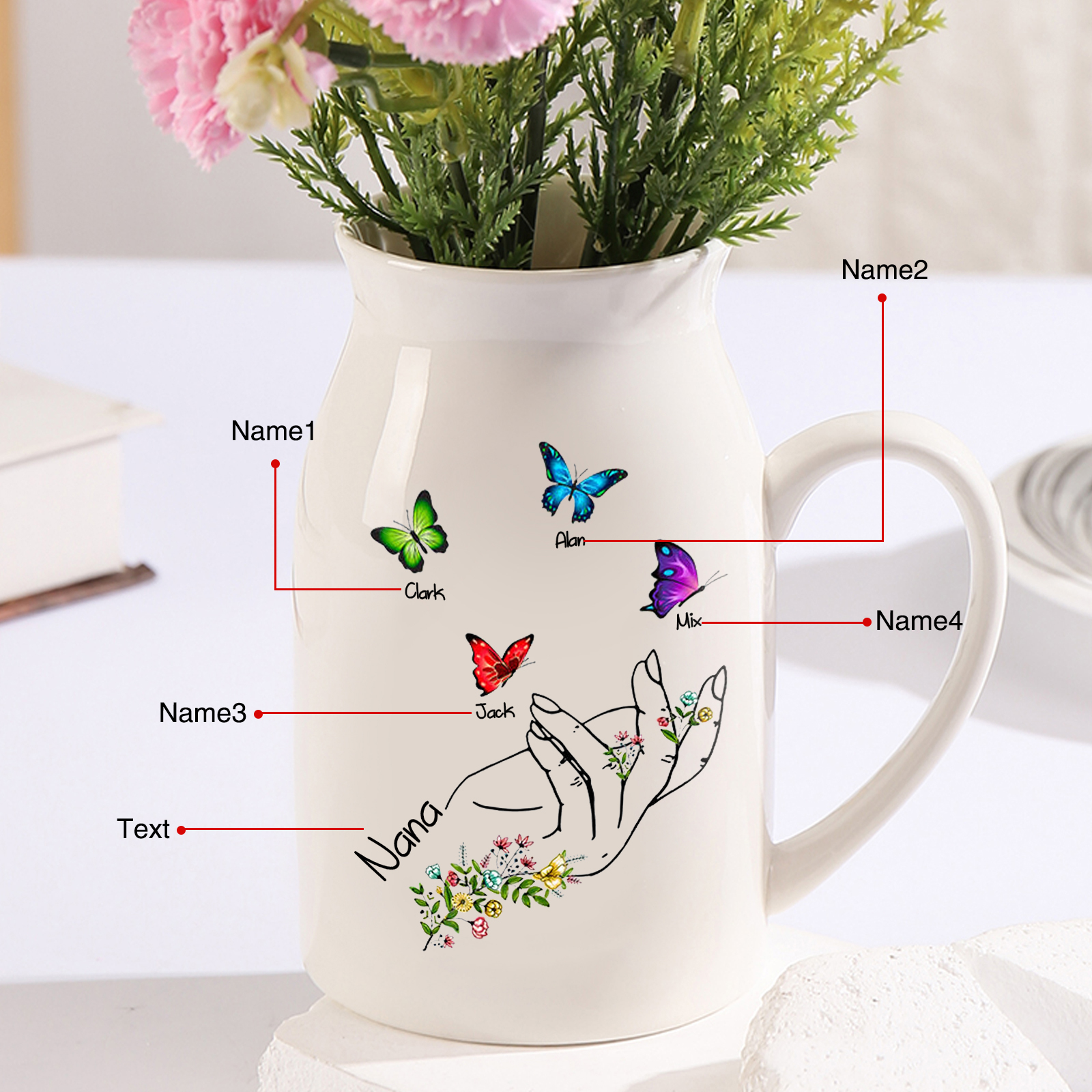 4 Names - Personalized Beautiful Flower Hand Butterfly Style Ceramic Vase with Customizable Names As a Special Gift For Mum