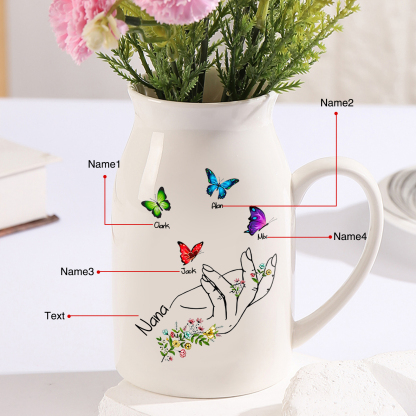 4 Names - Personalized Beautiful Flower Hand Butterfly Style Ceramic Vase with Customizable Names As a Special Gift For Mum