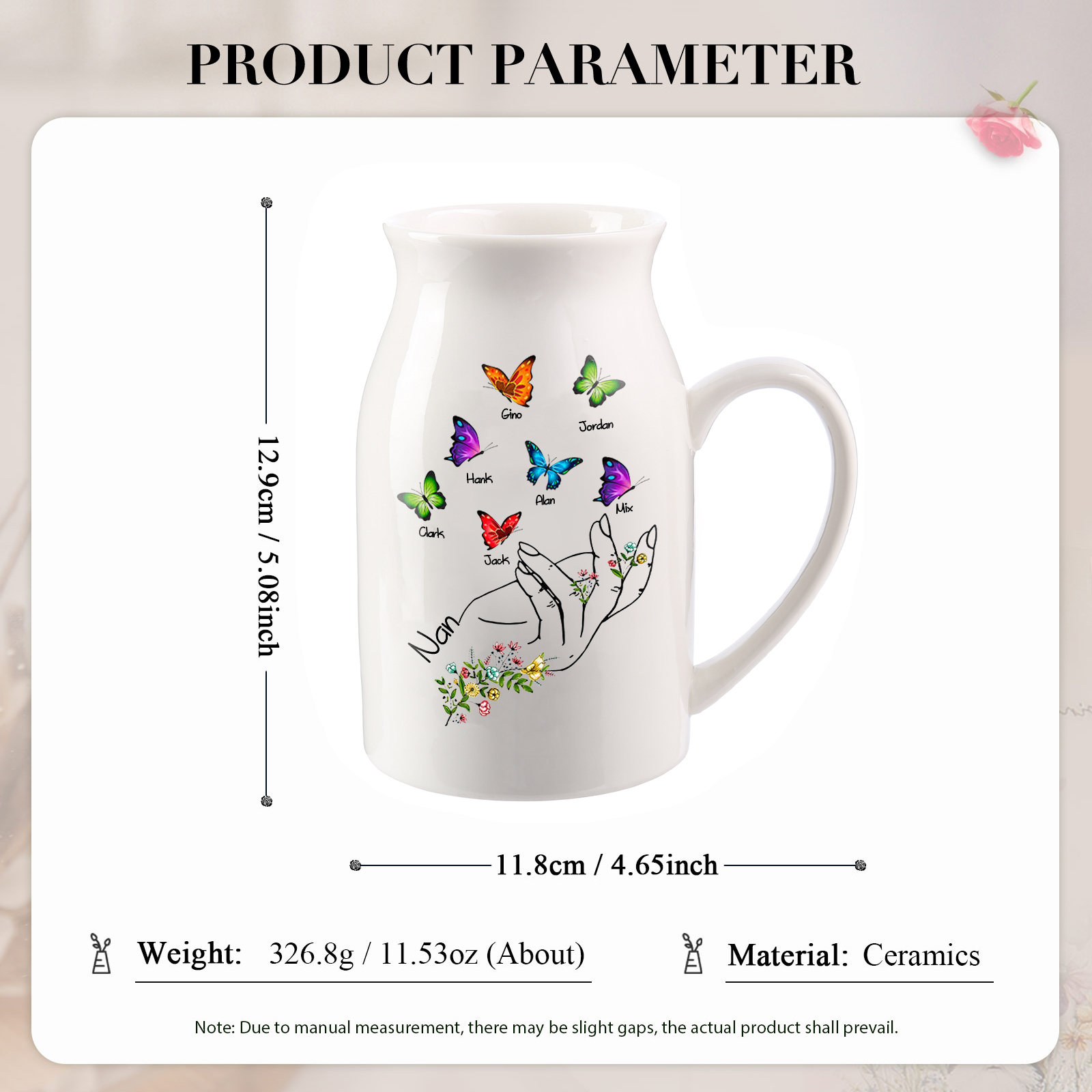 7 Names - Personalized Beautiful Flower Hand Butterfly Style Ceramic Vase with Customizable Names As a Special Gift For Mum