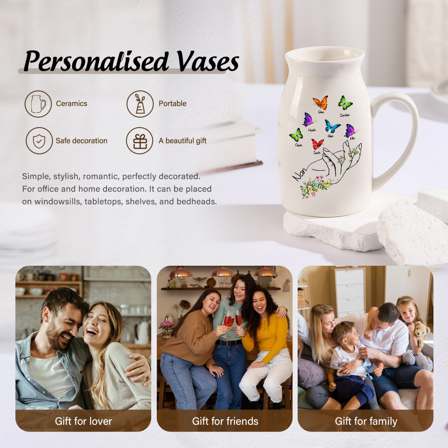 7 Names - Personalized Beautiful Flower Hand Butterfly Style Ceramic Vase with Customizable Names As a Special Gift For Mum