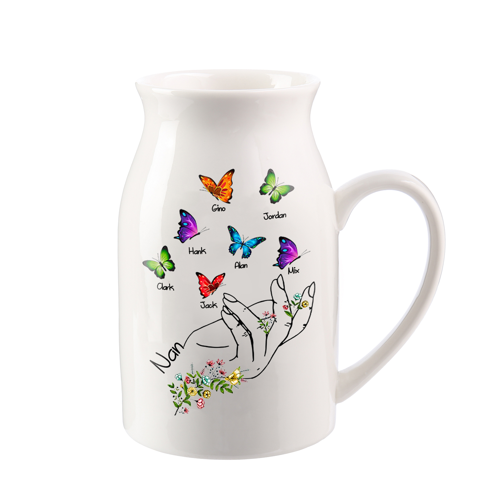 7 Names - Personalized Beautiful Flower Hand Butterfly Style Ceramic Vase with Customizable Names As a Special Gift For Mum