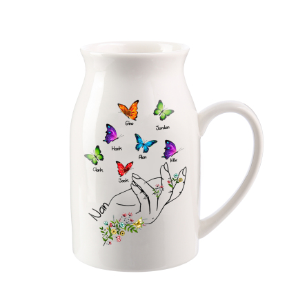 7 Names - Personalized Beautiful Flower Hand Butterfly Style Ceramic Vase with Customizable Names As a Special Gift For Mum