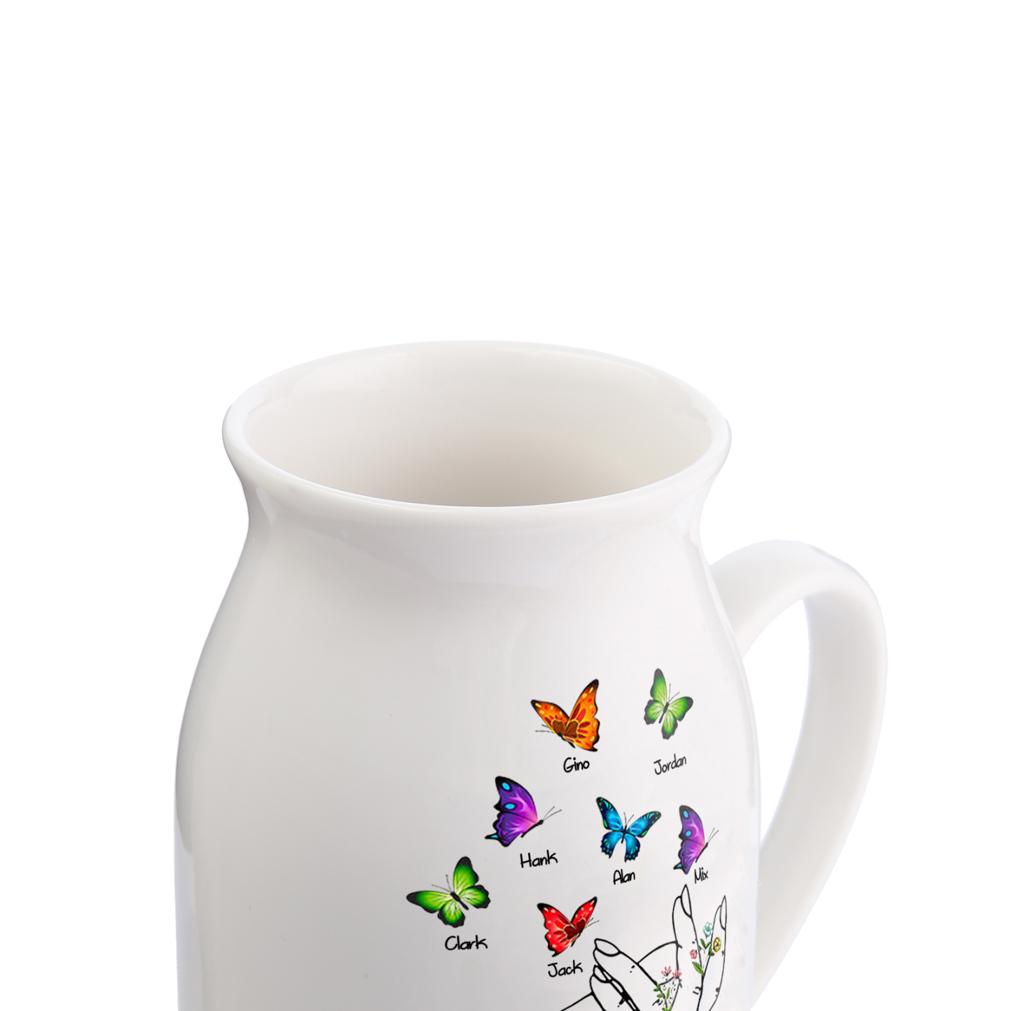 7 Names - Personalized Beautiful Flower Hand Butterfly Style Ceramic Vase with Customizable Names As a Special Gift For Mum