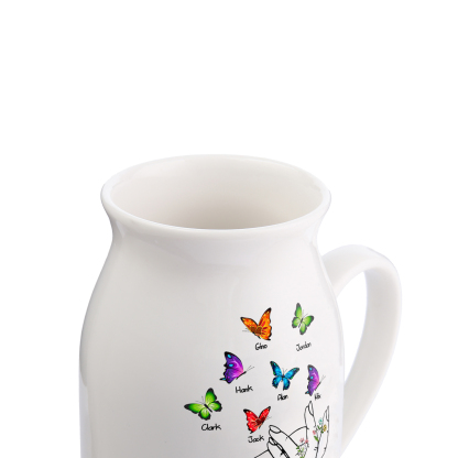 7 Names - Personalized Beautiful Flower Hand Butterfly Style Ceramic Vase with Customizable Names As a Special Gift For Mum