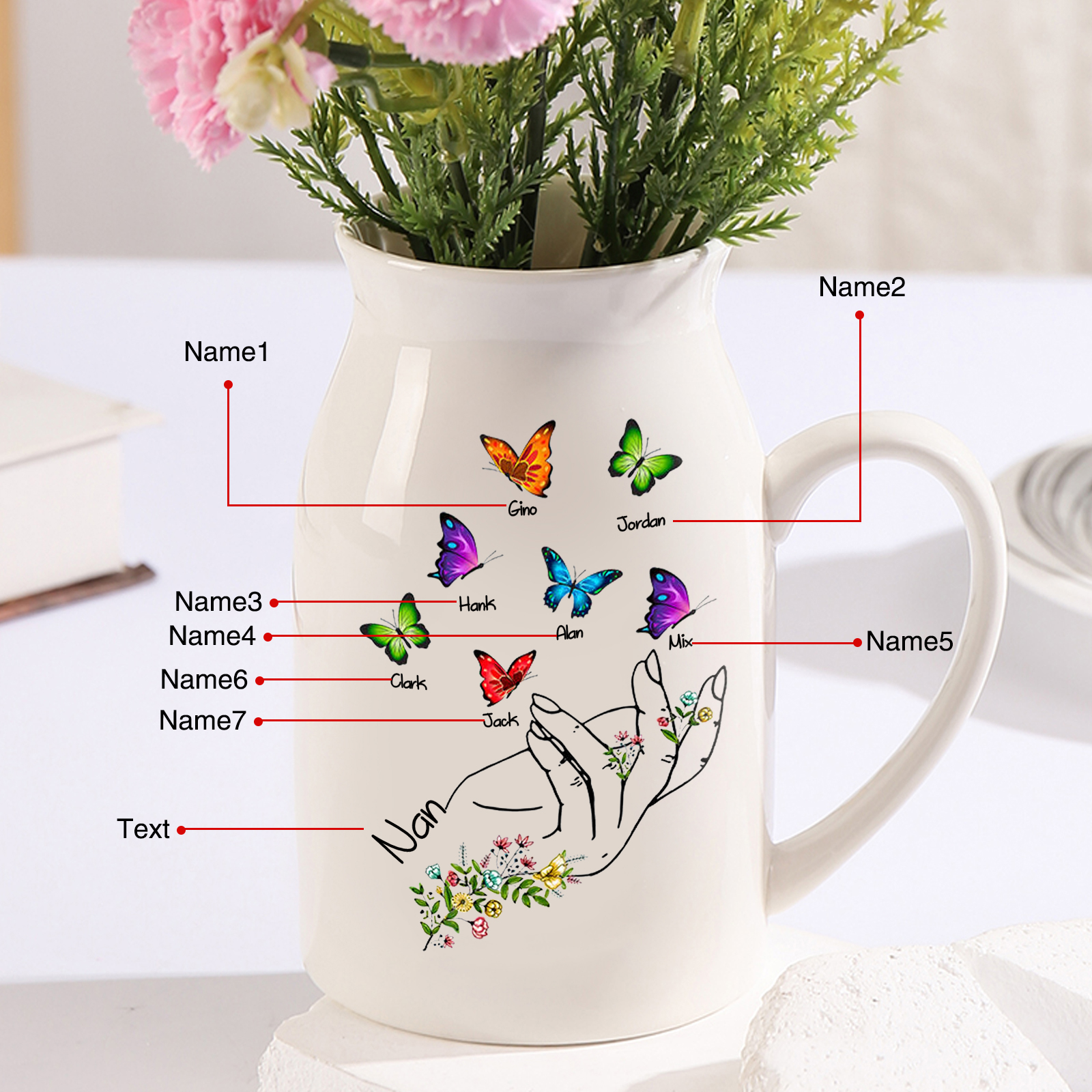 7 Names - Personalized Beautiful Flower Hand Butterfly Style Ceramic Vase with Customizable Names As a Special Gift For Mum