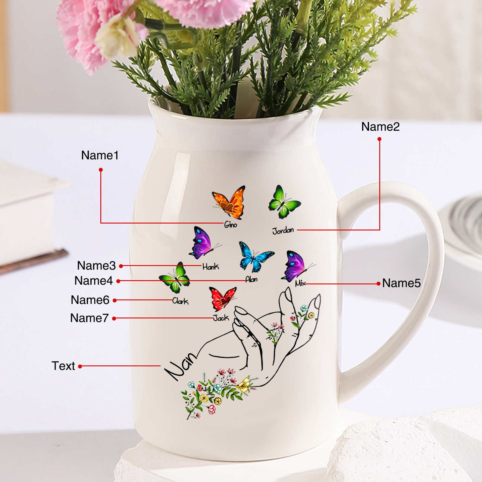 7 Names - Personalized Beautiful Flower Hand Butterfly Style Ceramic Vase with Customizable Names As a Special Gift For Mum