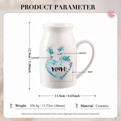 Personalised Ceramic Vase – Custom 2-8 Names & Texts - Heart & Sea Turtle Design  – Unique Mother's Day Gifts for Her | Jessemade