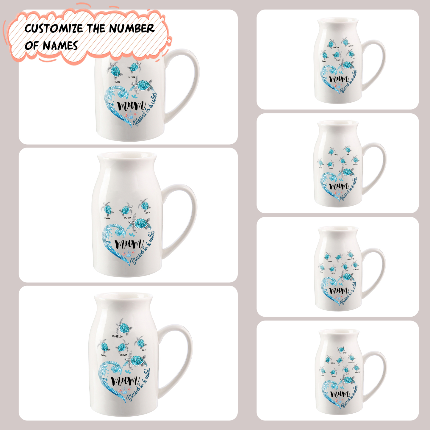 Personalised Ceramic Vase – Custom 2-8 Names & Texts - Heart & Sea Turtle Design  – Unique Mother's Day Gifts for Her | Jessemade