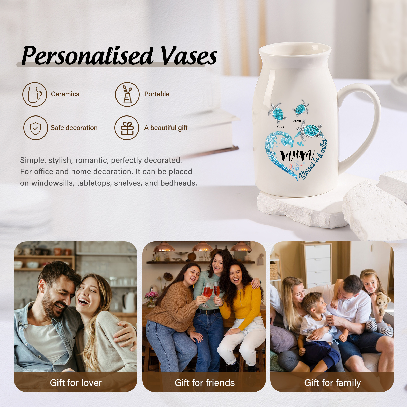 Personalised Ceramic Vase – Custom 2-8 Names & Texts - Heart & Sea Turtle Design  – Unique Mother's Day Gifts for Her | Jessemade