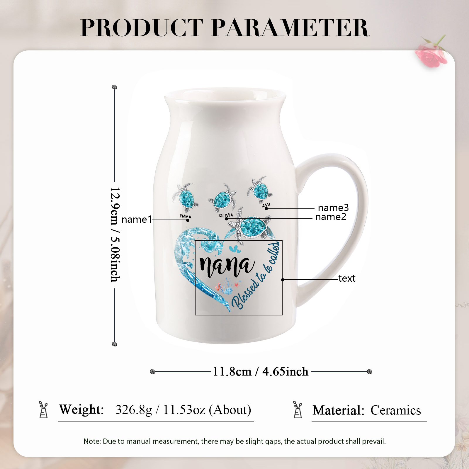 Personalised Ceramic Vase – Custom 2-8 Names & Texts - Heart & Sea Turtle Design  – Unique Mother's Day Gifts for Her | Jessemade