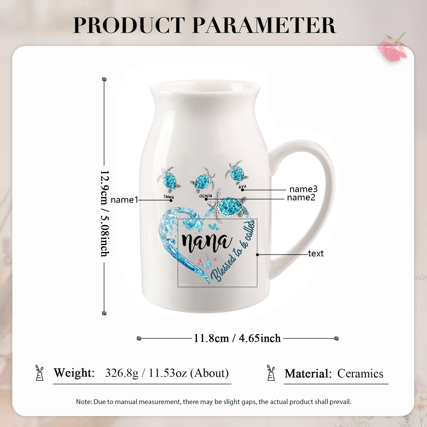 Personalised Ceramic Vase – Custom 2-8 Names & Texts - Heart & Sea Turtle Design  – Unique Mother's Day Gifts for Her | Jessemade