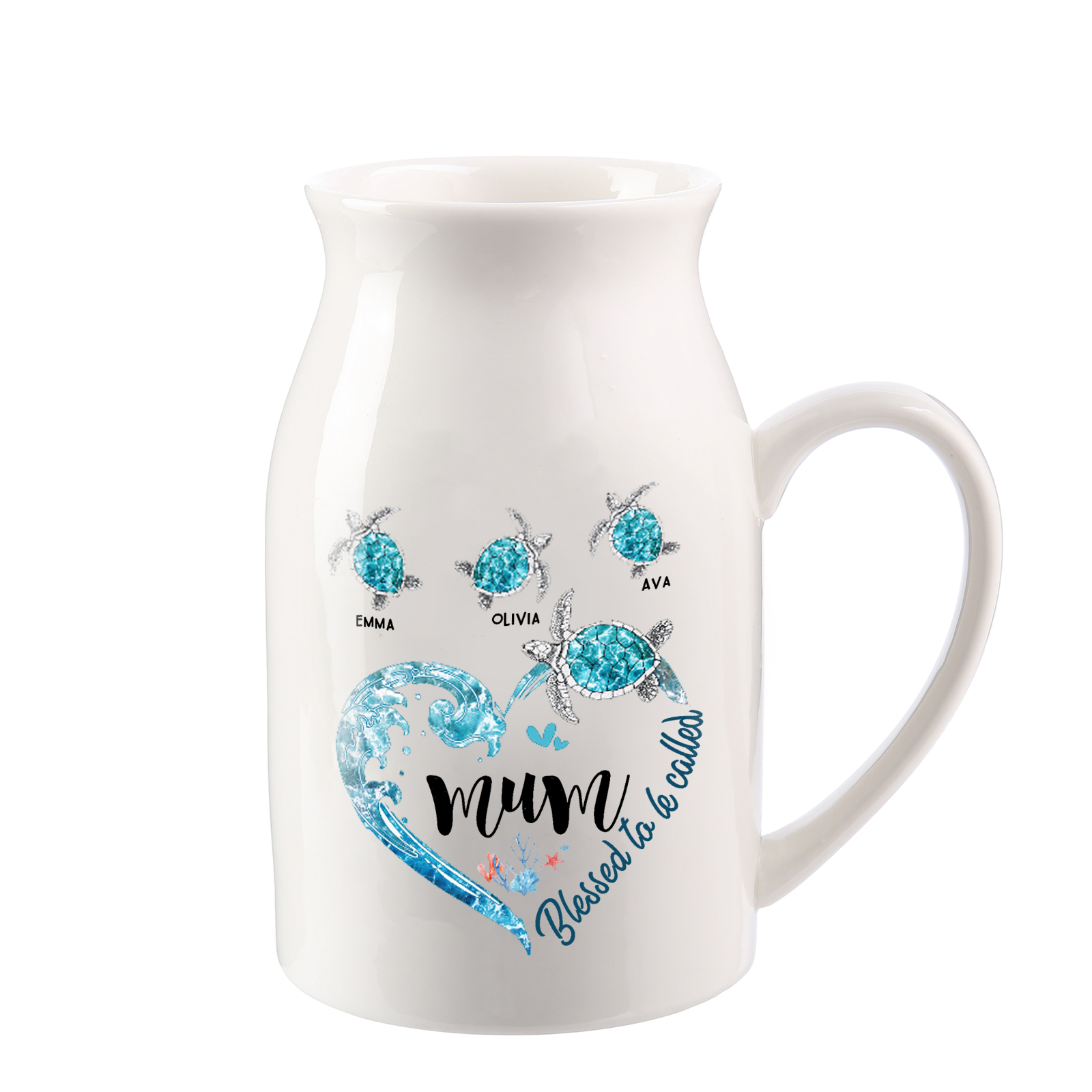 Personalised Ceramic Vase – Custom 2-8 Names & Texts - Heart & Sea Turtle Design  – Unique Mother's Day Gifts for Her | Jessemade