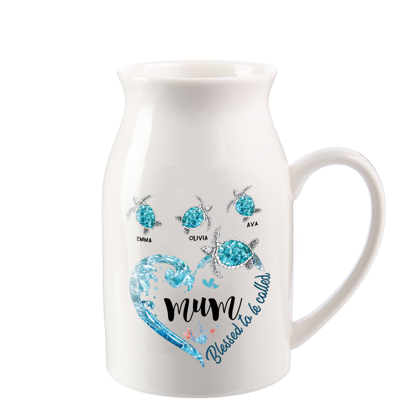 Personalised Ceramic Vase – Custom 2-8 Names & Texts - Heart & Sea Turtle Design  – Unique Mother's Day Gifts for Her | Jessemade