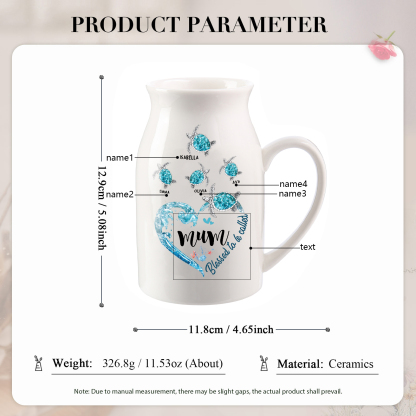 Personalised Ceramic Vase – Custom 2-8 Names & Texts - Heart & Sea Turtle Design  – Unique Mother's Day Gifts for Her | Jessemade