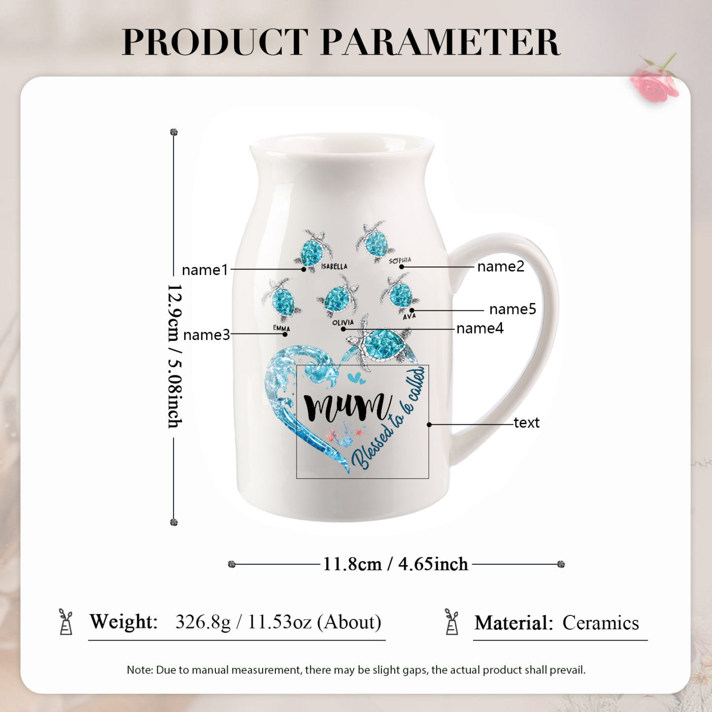 Personalised Ceramic Vase – Custom 2-8 Names & Texts - Heart & Sea Turtle Design  – Unique Mother's Day Gifts for Her | Jessemade