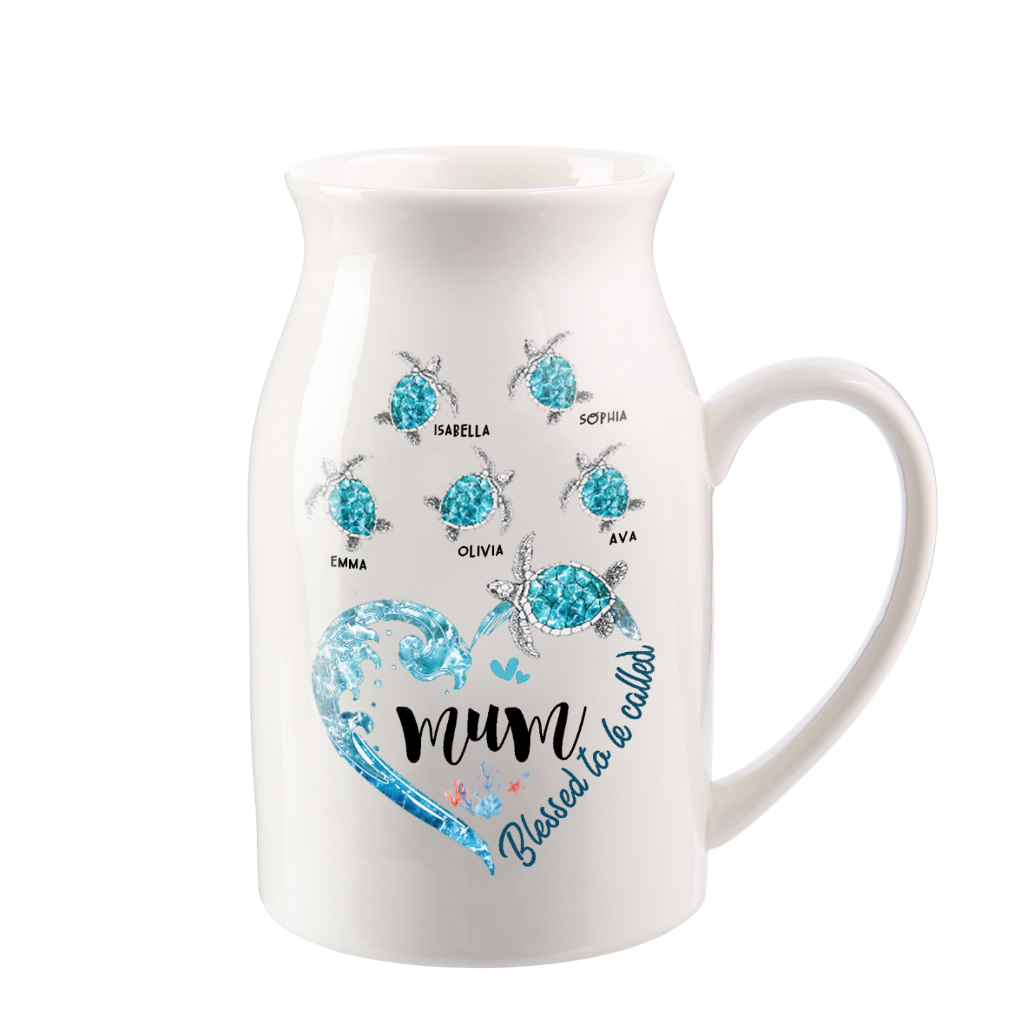 Personalised Ceramic Vase – Custom 2-8 Names & Texts - Heart & Sea Turtle Design  – Unique Mother's Day Gifts for Her | Jessemade