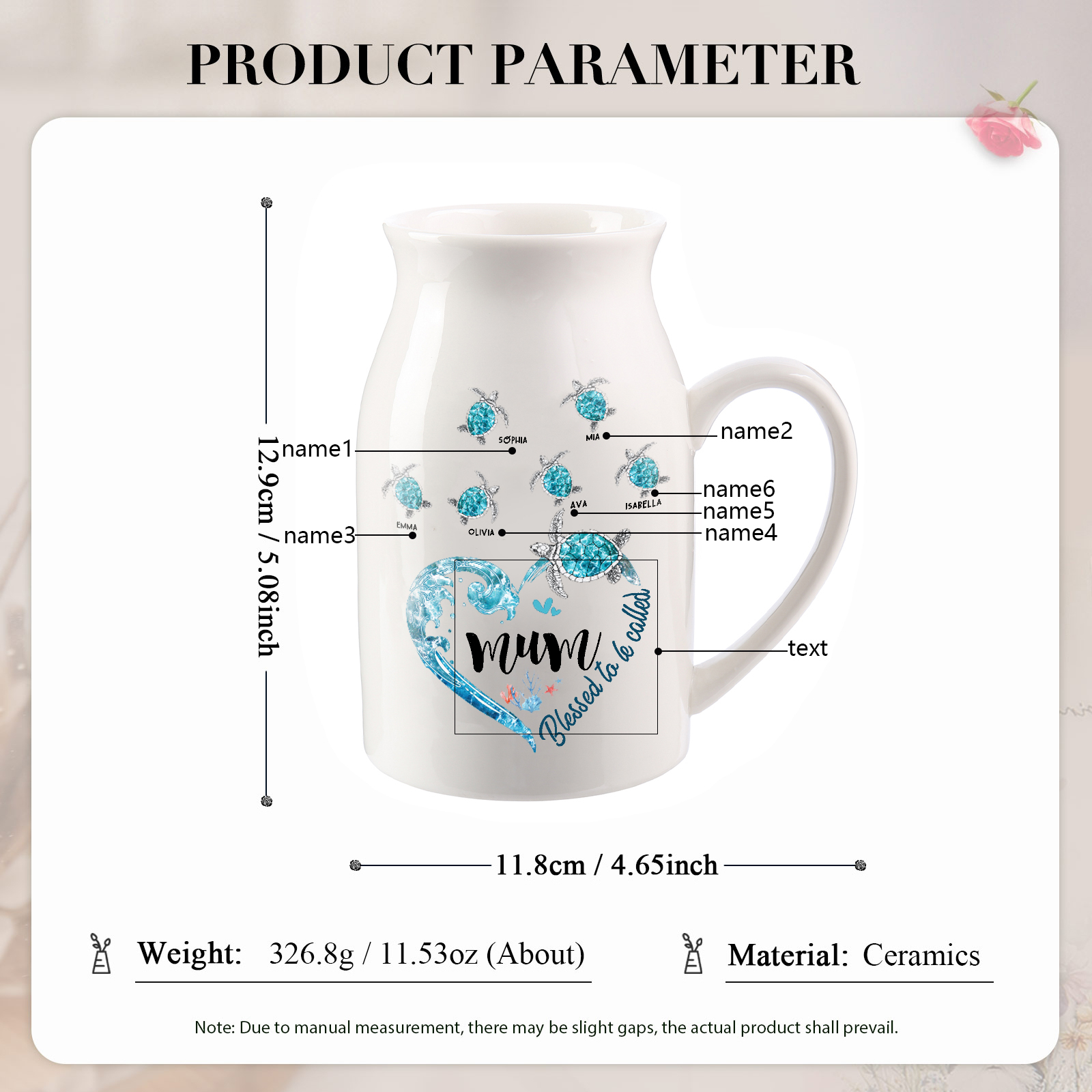 Personalised Ceramic Vase – Custom 2-8 Names & Texts - Heart & Sea Turtle Design  – Unique Mother's Day Gifts for Her | Jessemade