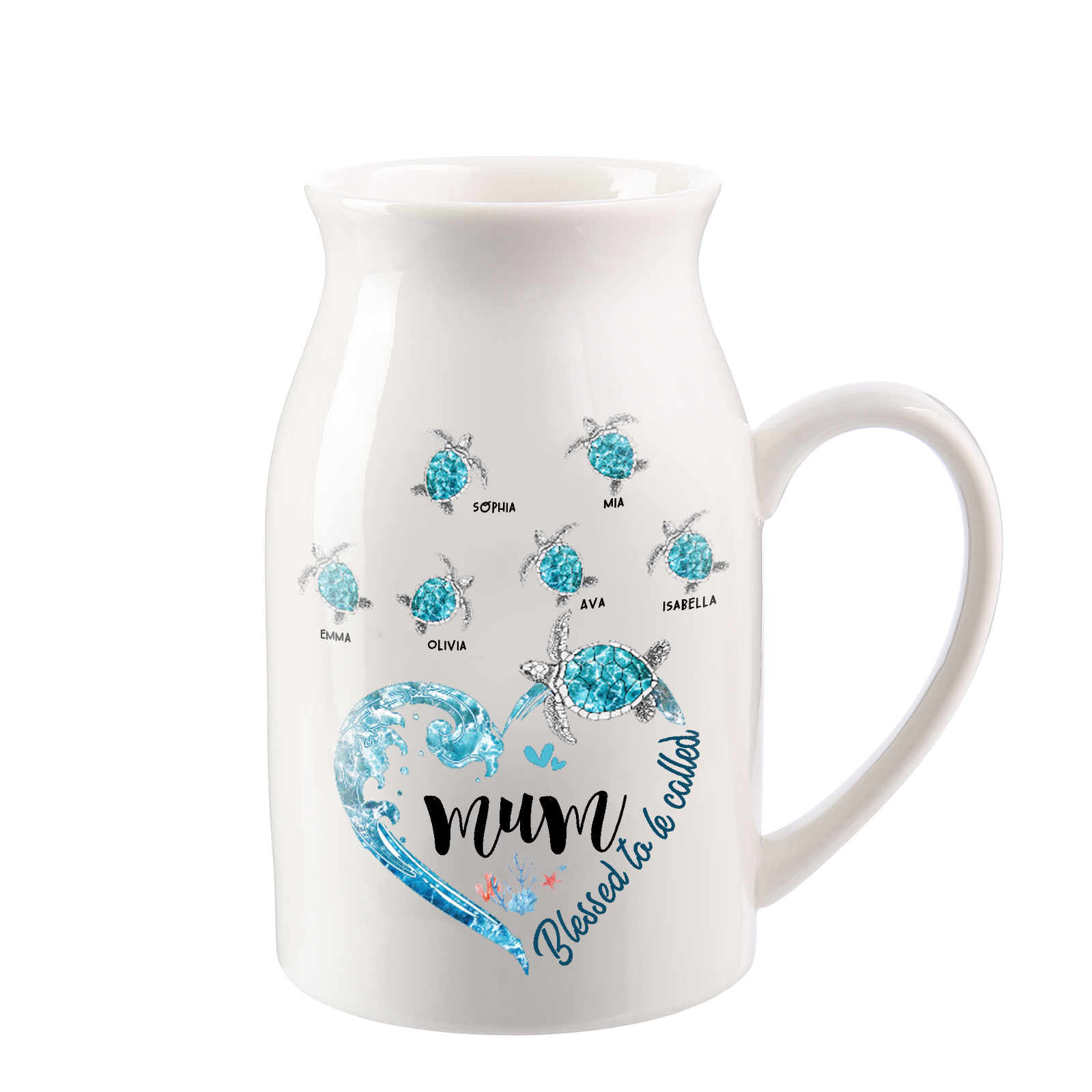 Personalised Ceramic Vase – Custom 2-8 Names & Texts - Heart & Sea Turtle Design  – Unique Mother's Day Gifts for Her | Jessemade