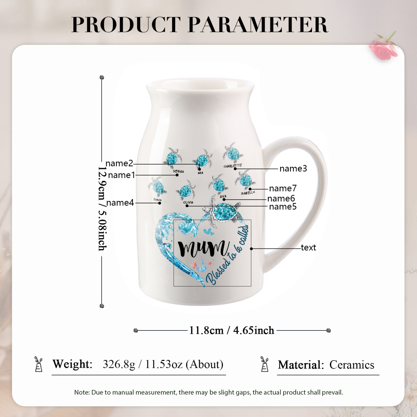 Personalised Ceramic Vase – Custom 2-8 Names & Texts - Heart & Sea Turtle Design  – Unique Mother's Day Gifts for Her | Jessemade