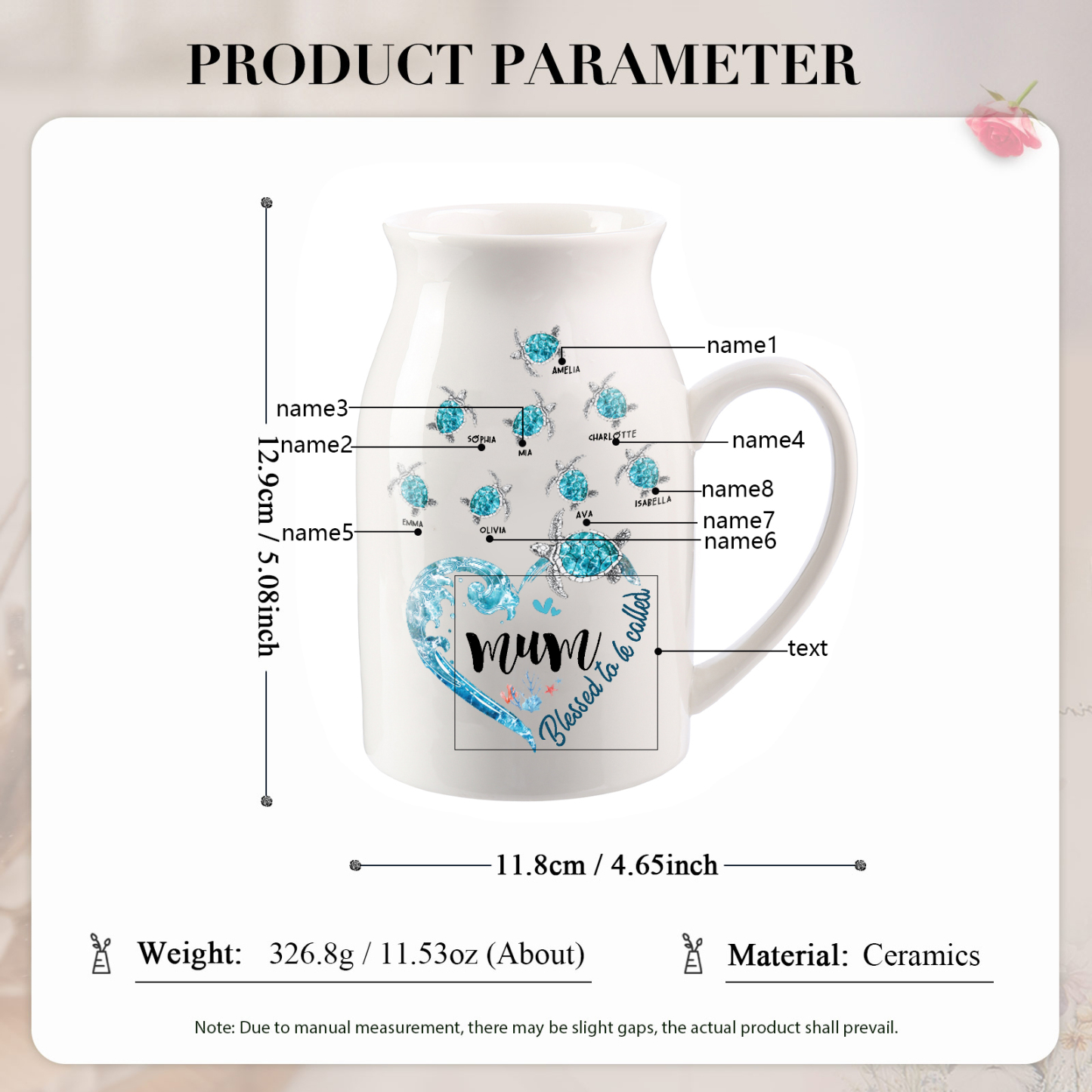 Personalised Ceramic Vase – Custom 2-8 Names & Texts - Heart & Sea Turtle Design  – Unique Mother's Day Gifts for Her | Jessemade