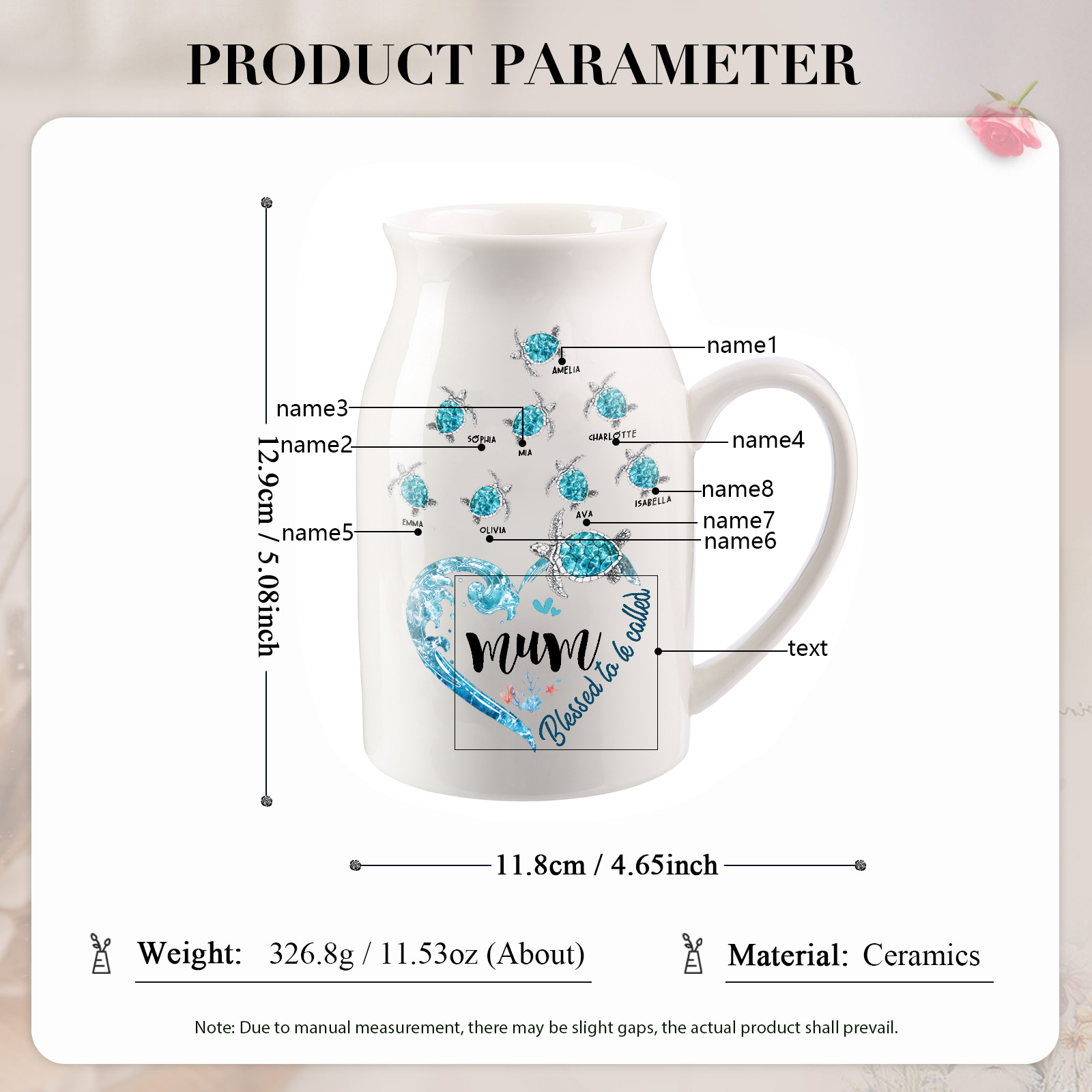 Personalised Ceramic Vase – Custom 2-8 Names & Texts - Heart & Sea Turtle Design  – Unique Mother's Day Gifts for Her | Jessemade