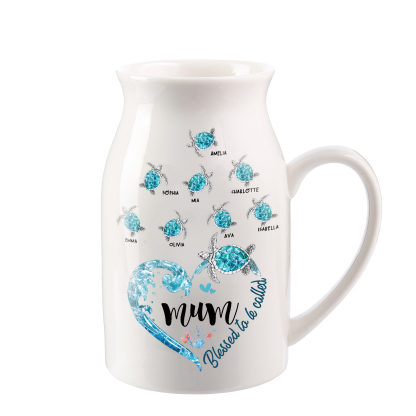 Personalised Ceramic Vase – Custom 2-8 Names & Texts - Heart & Sea Turtle Design  – Unique Mother's Day Gifts for Her | Jessemade