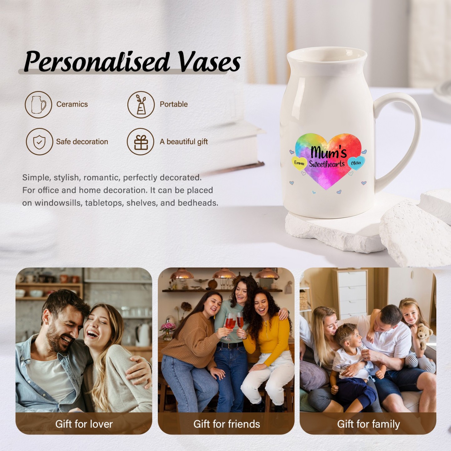 2 Names - Personalized Customizable Name Colorful Love Heart Style Ceramic Vase as a Gift for Mum