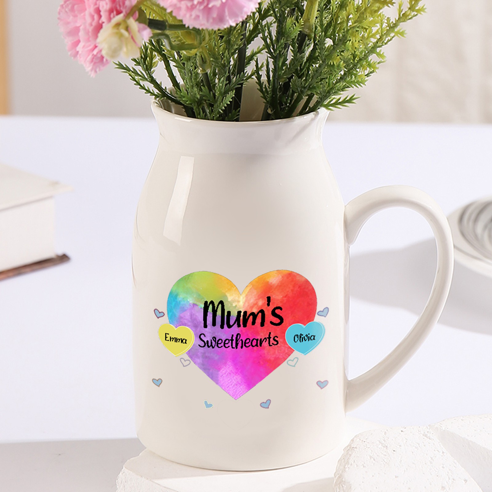 2 Names - Personalized Customizable Name Colorful Love Heart Style Ceramic Vase as a Gift for Mum