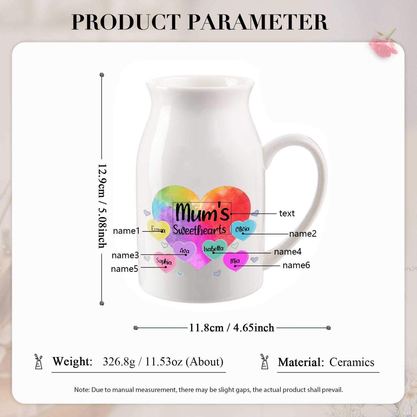 6 Names - Personalized Customizable Name Colorful Love Heart Style Ceramic Vase as a Gift for Mum