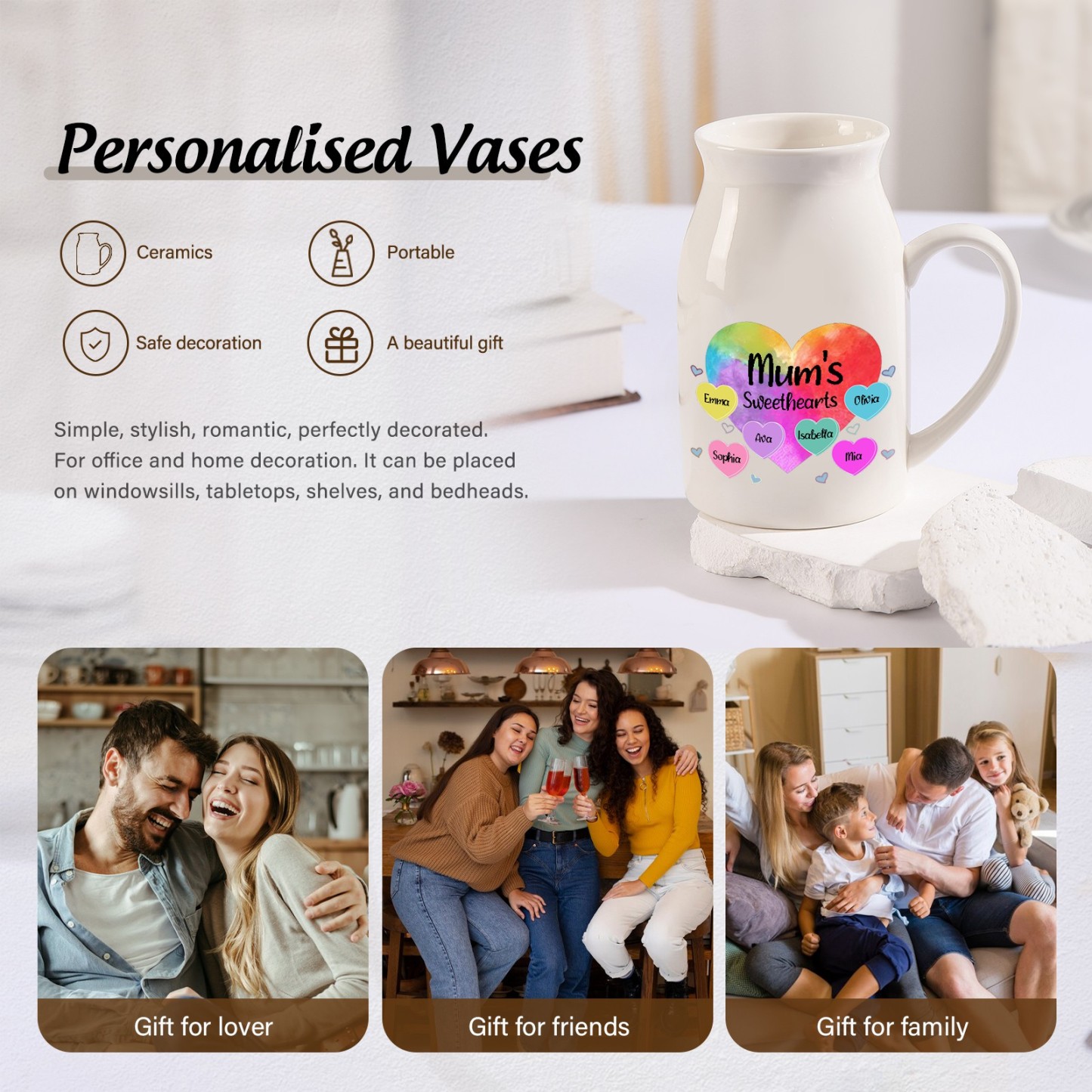 6 Names - Personalized Customizable Name Colorful Love Heart Style Ceramic Vase as a Gift for Mum