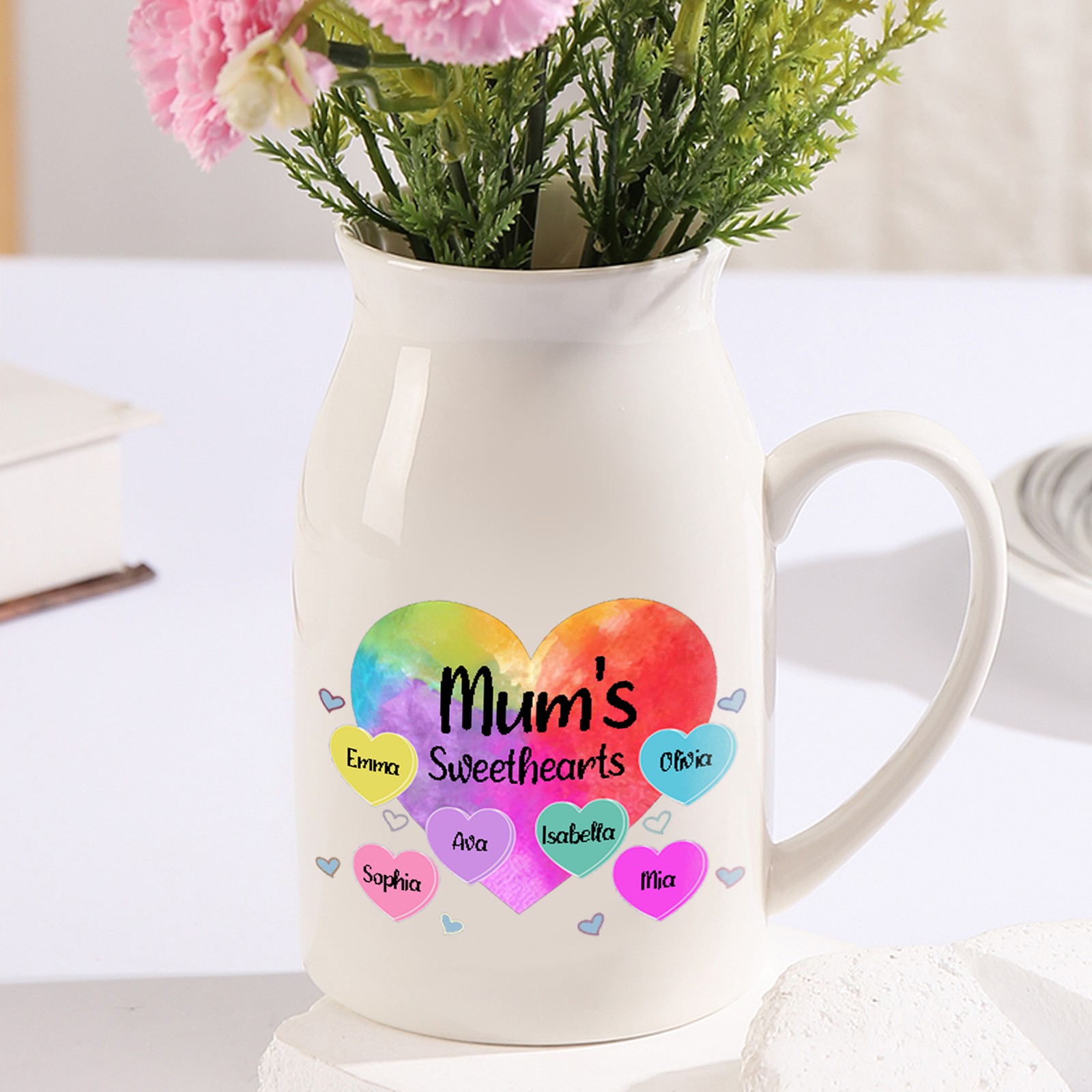 6 Names - Personalized Customizable Name Colorful Love Heart Style Ceramic Vase as a Gift for Mum
