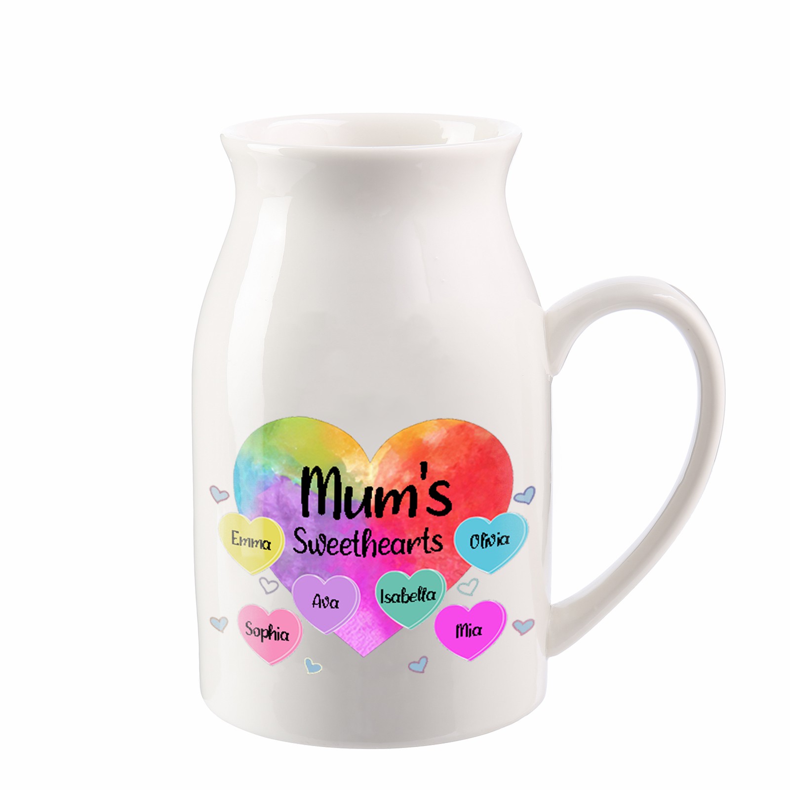 6 Names - Personalized Customizable Name Colorful Love Heart Style Ceramic Vase as a Gift for Mum