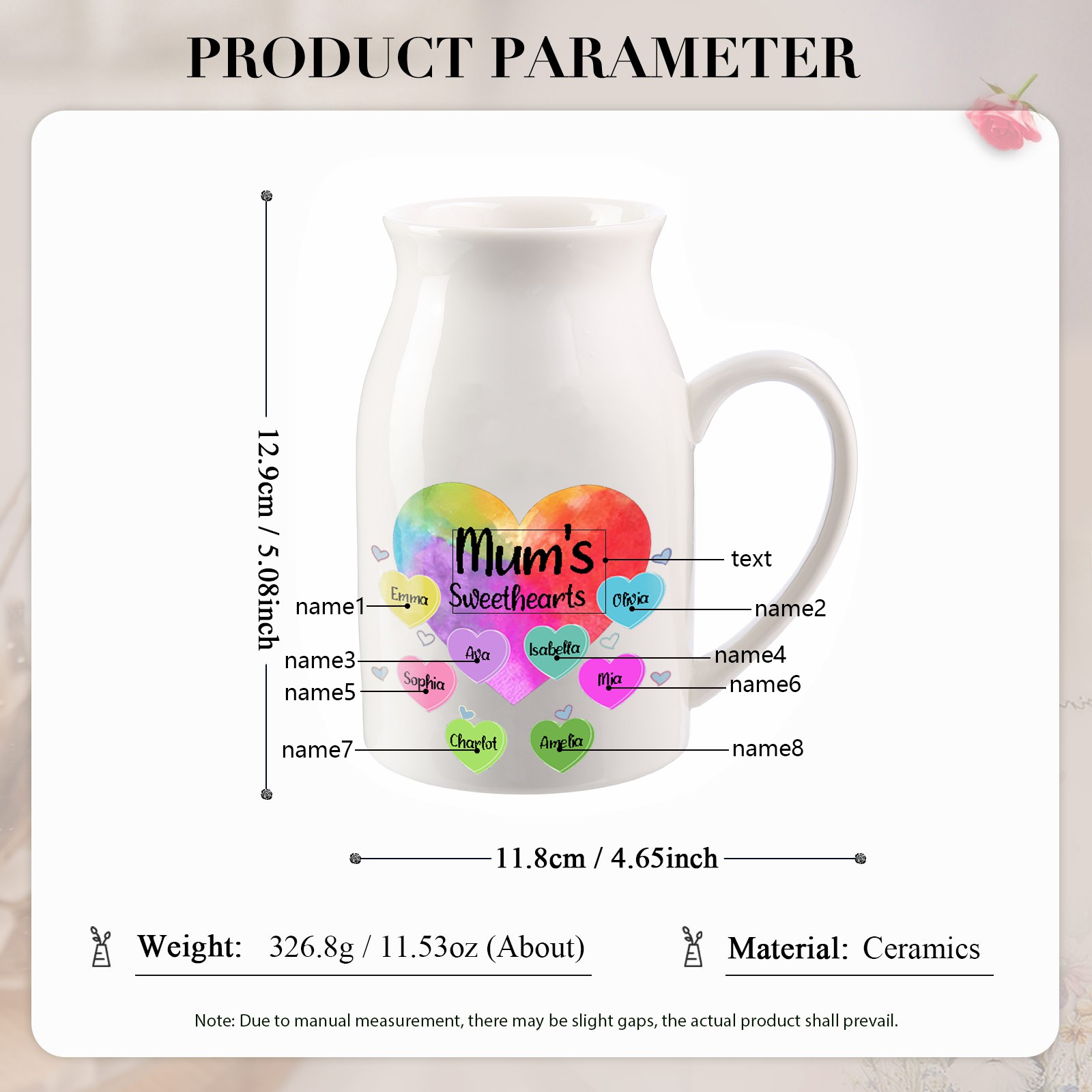 8 Names - Personalized Customizable Name Colorful Love Heart Style Ceramic Vase as a Gift for Mum
