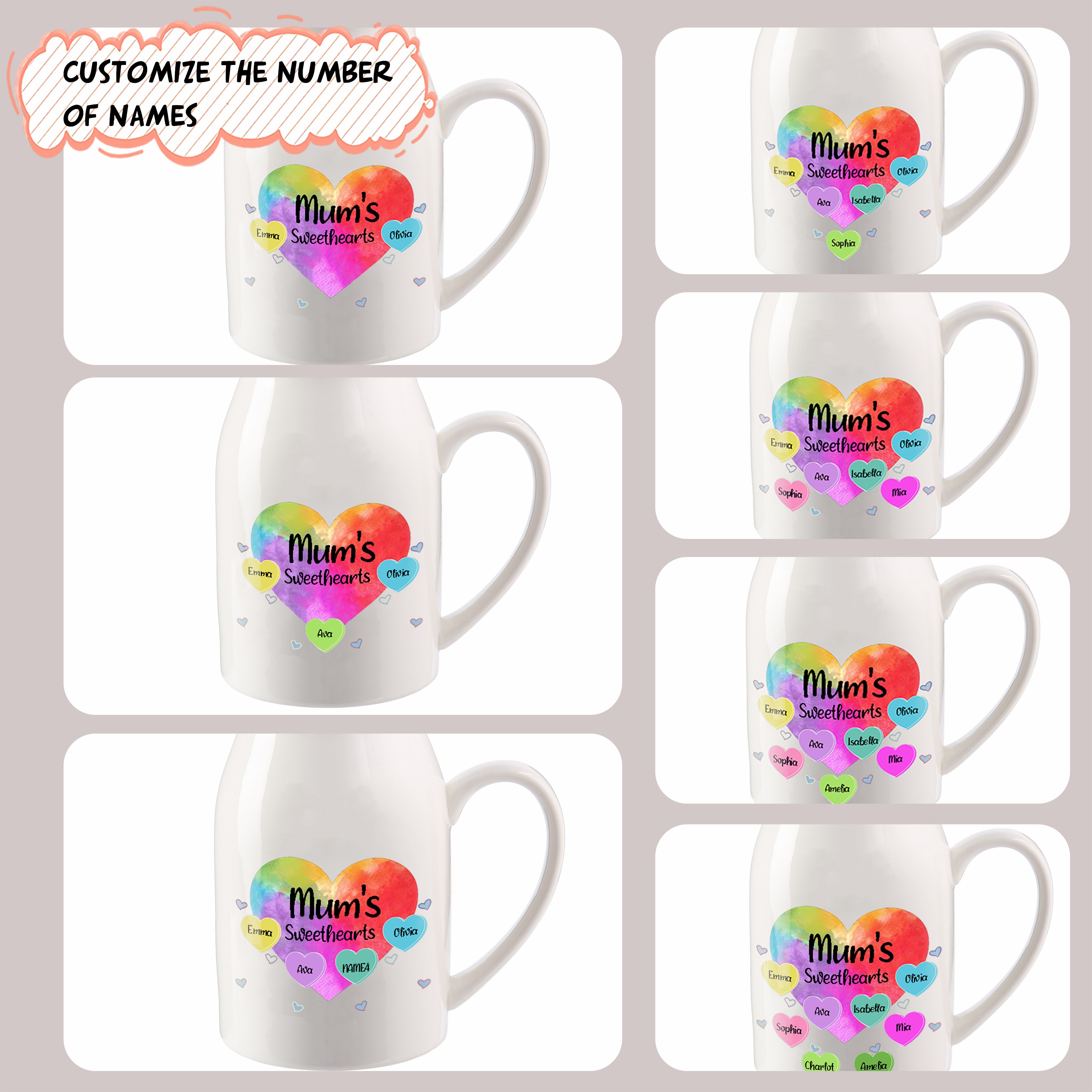 6 Names - Personalized Customizable Name Colorful Love Heart Style Ceramic Vase as a Gift for Mum