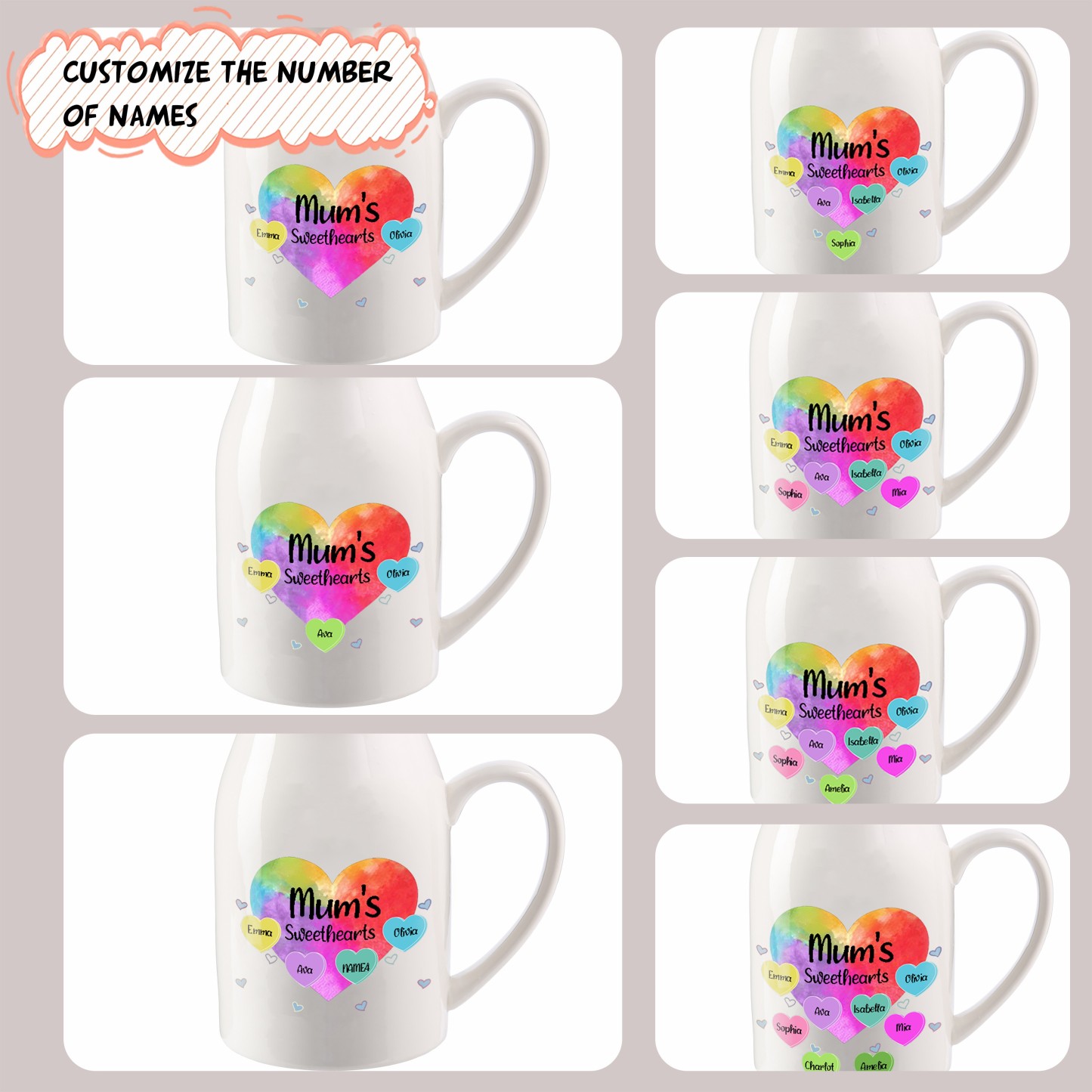 6 Names - Personalized Customizable Name Colorful Love Heart Style Ceramic Vase as a Gift for Mum