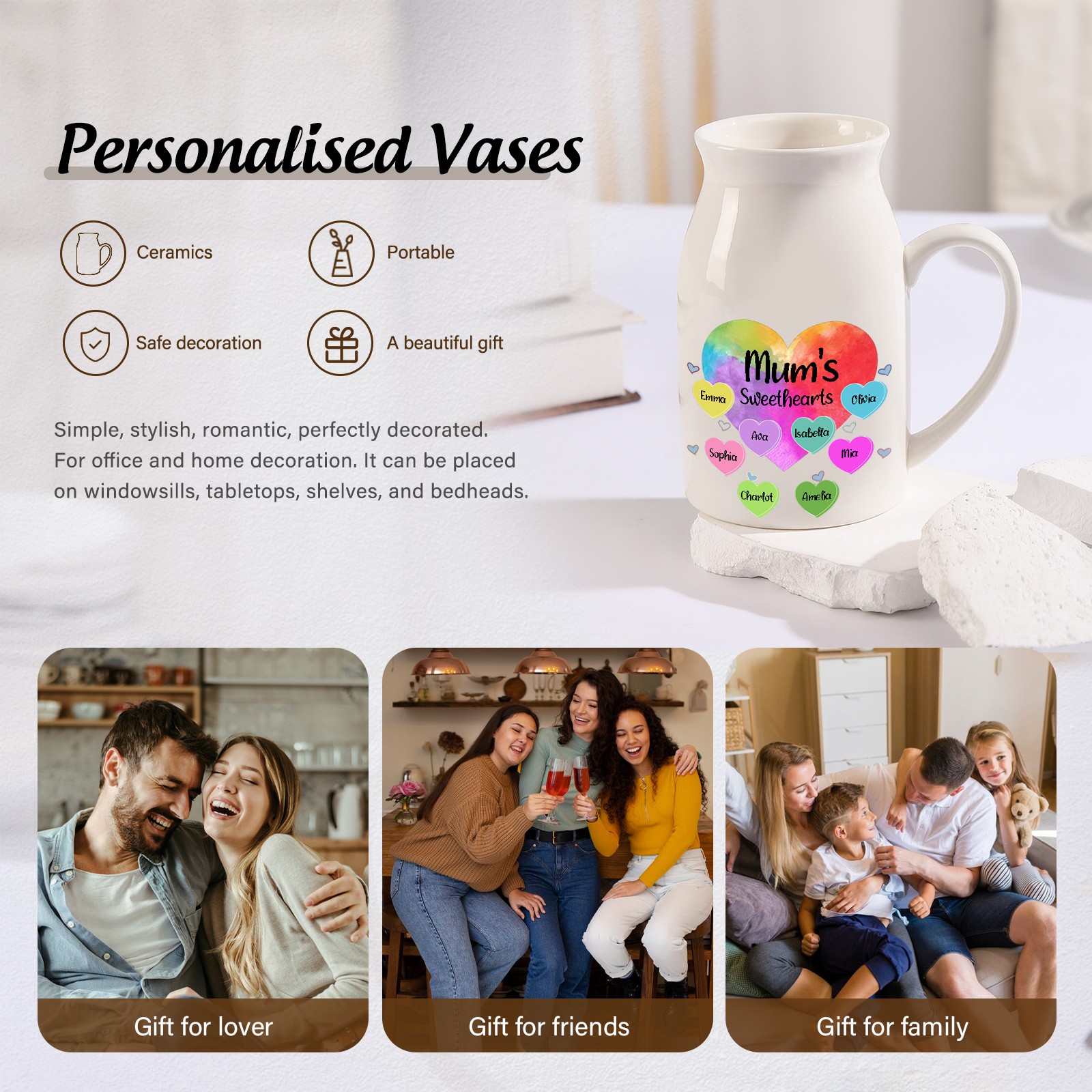 8 Names - Personalized Customizable Name Colorful Love Heart Style Ceramic Vase as a Gift for Mum