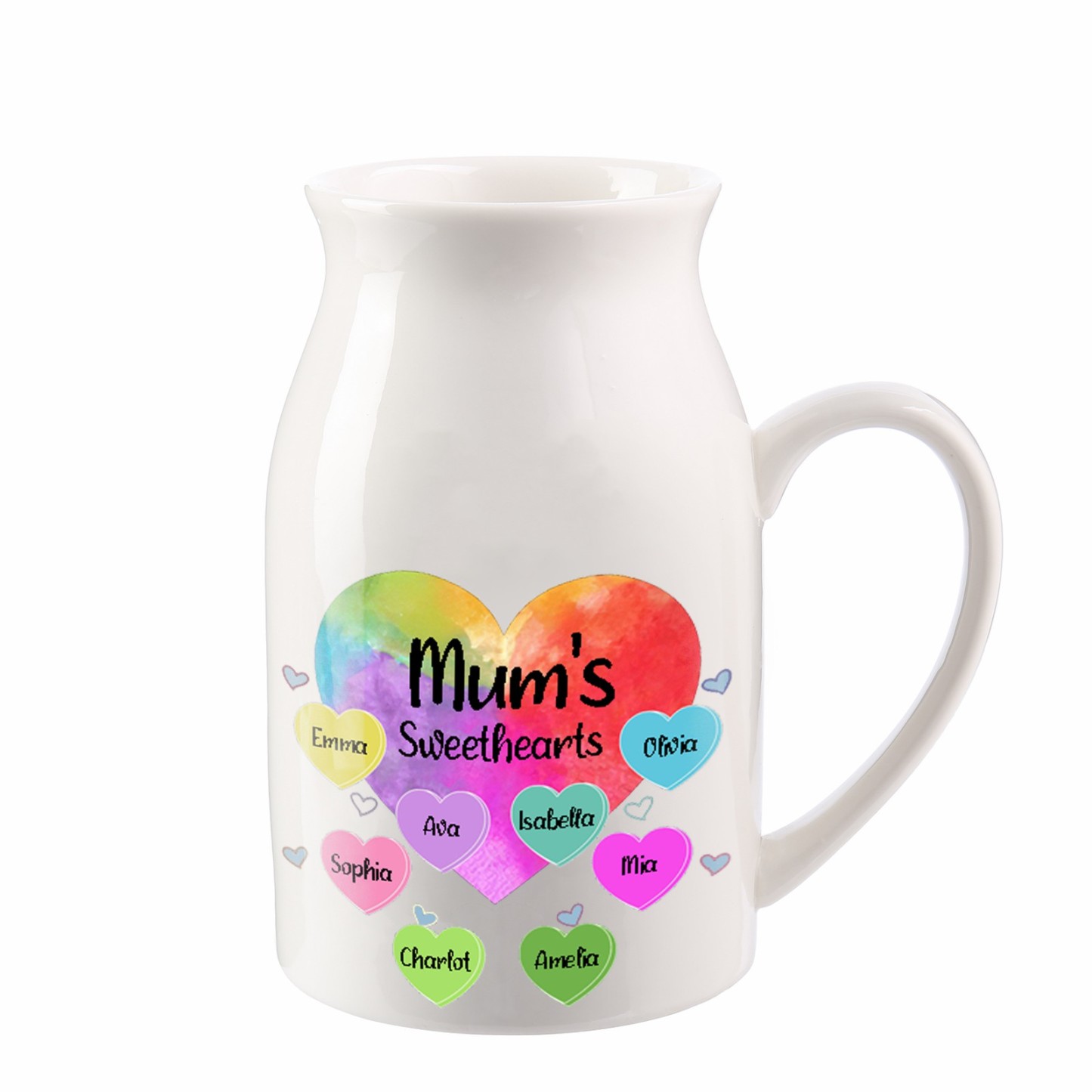 8 Names - Personalized Customizable Name Colorful Love Heart Style Ceramic Vase as a Gift for Mum