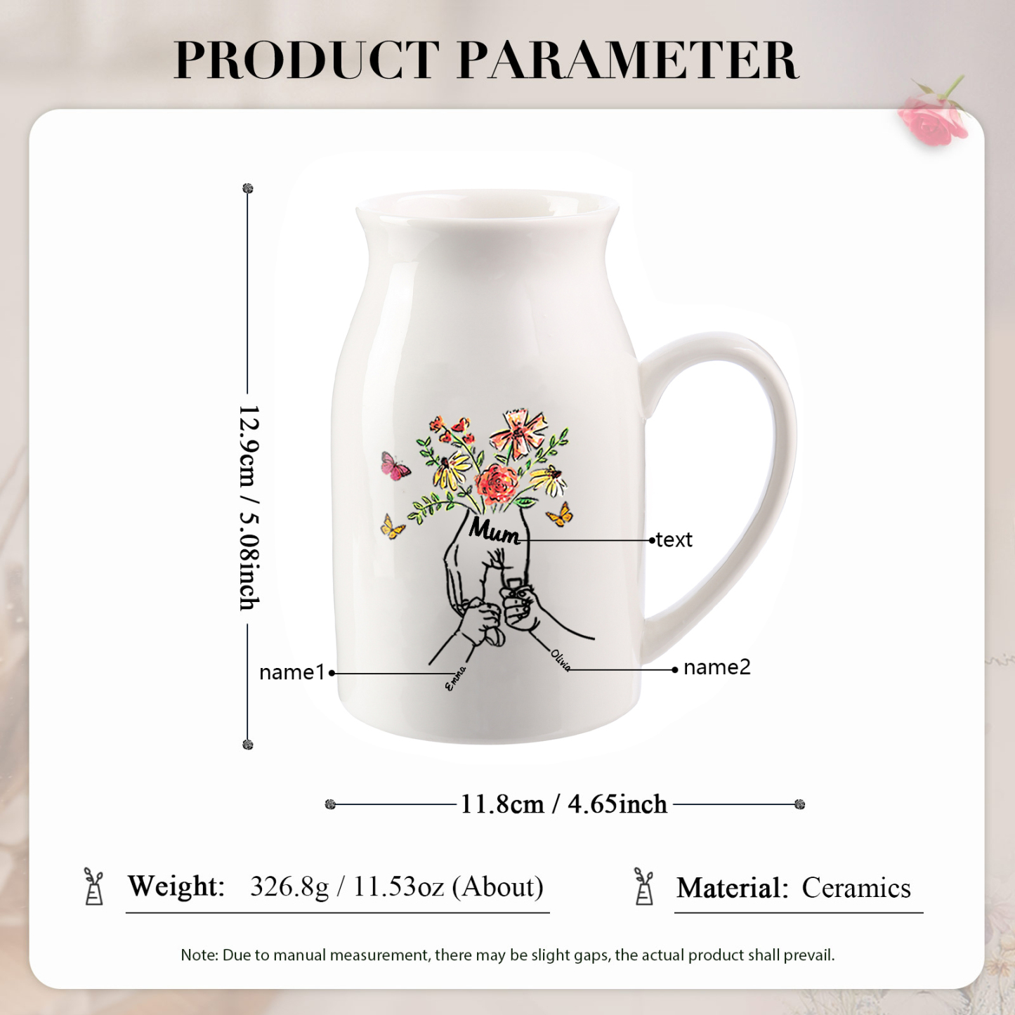 2 Names - Personalized Beautiful Flower Hand Butterfly Style Ceramic Vase with Customizable Names As a Special Gift For Mum