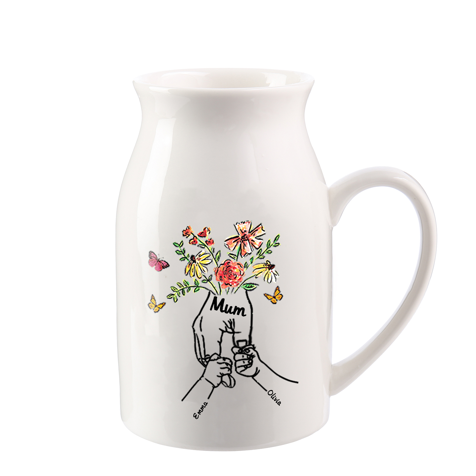 2 Names - Personalized Beautiful Flower Hand Butterfly Style Ceramic Vase with Customizable Names As a Special Gift For Mum