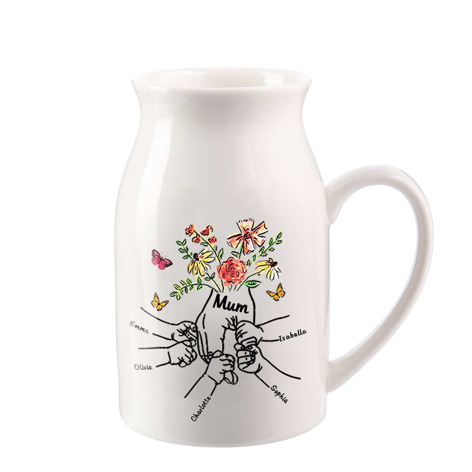 5 Names - Personalized Beautiful Flower Hand Butterfly Style Ceramic Vase with Customizable Names As a Special Gift For Mum
