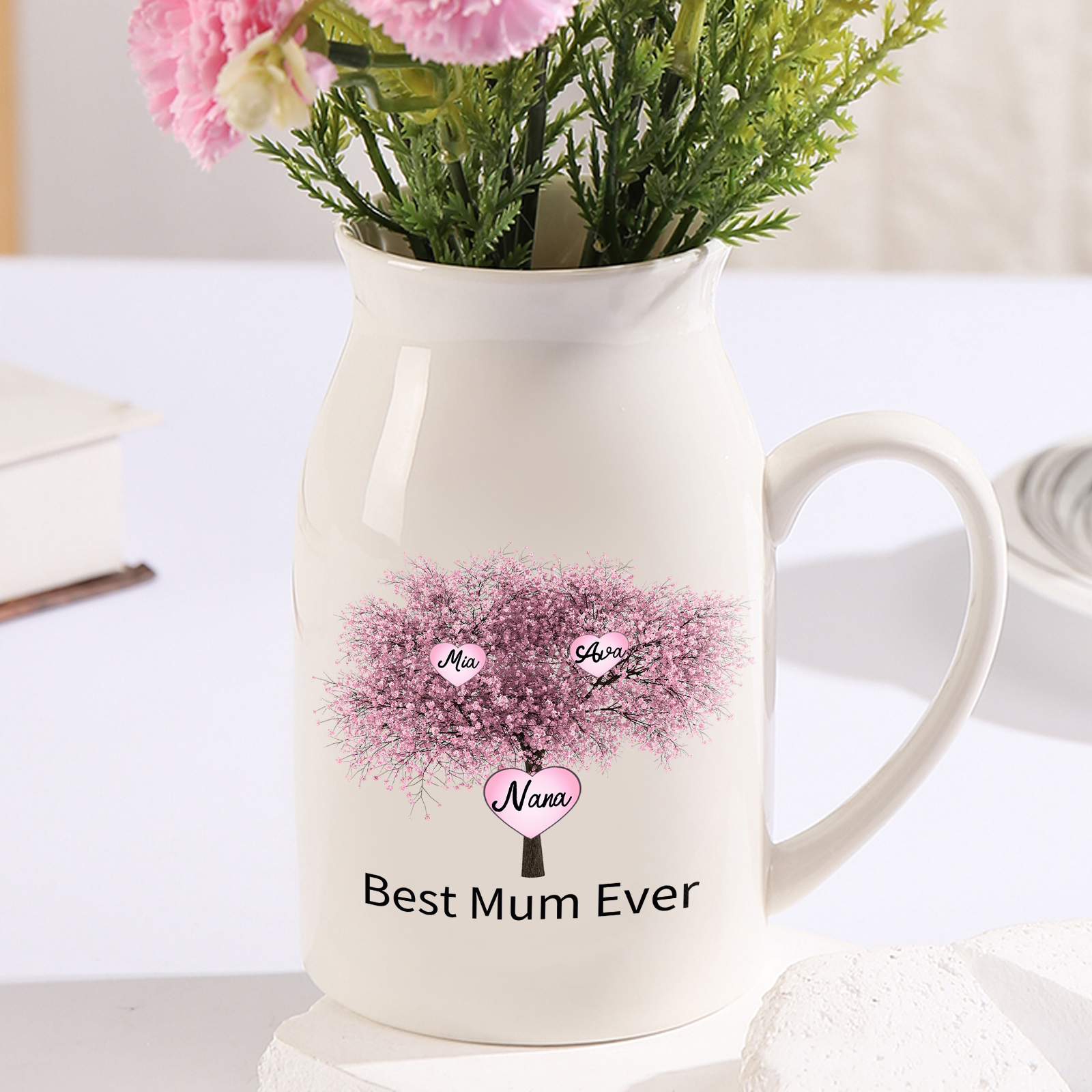 Personalised Heart Tree Ceramic Vase With 2-9 Names & 2 Texts – Unique Mother’s Day Gifts for Her | Jessemade