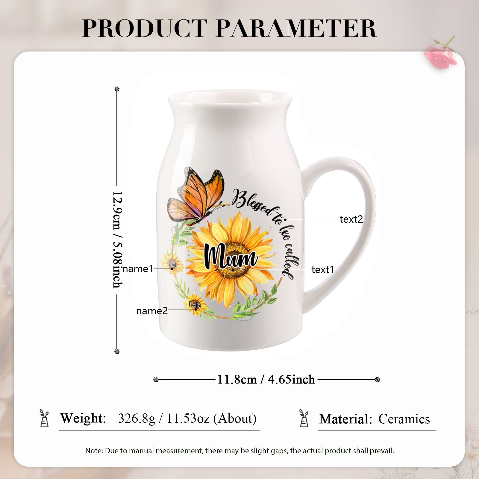 Personalised Ceramic Vase – Custom 2-8 Names & Texts – Sunflower & Butterfly Design – Unique Mother's Day Gifts for Her | Jessemade