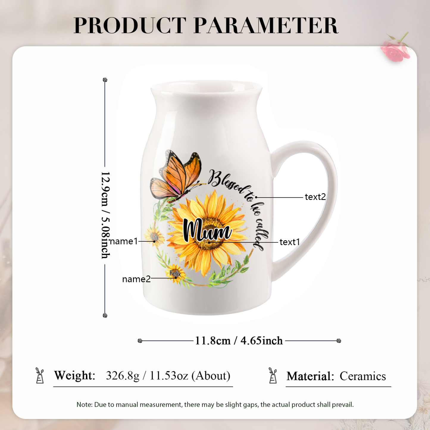 Personalised Ceramic Vase – Custom 2-8 Names & Texts – Sunflower & Butterfly Design – Unique Mother's Day Gifts for Her | Jessemade