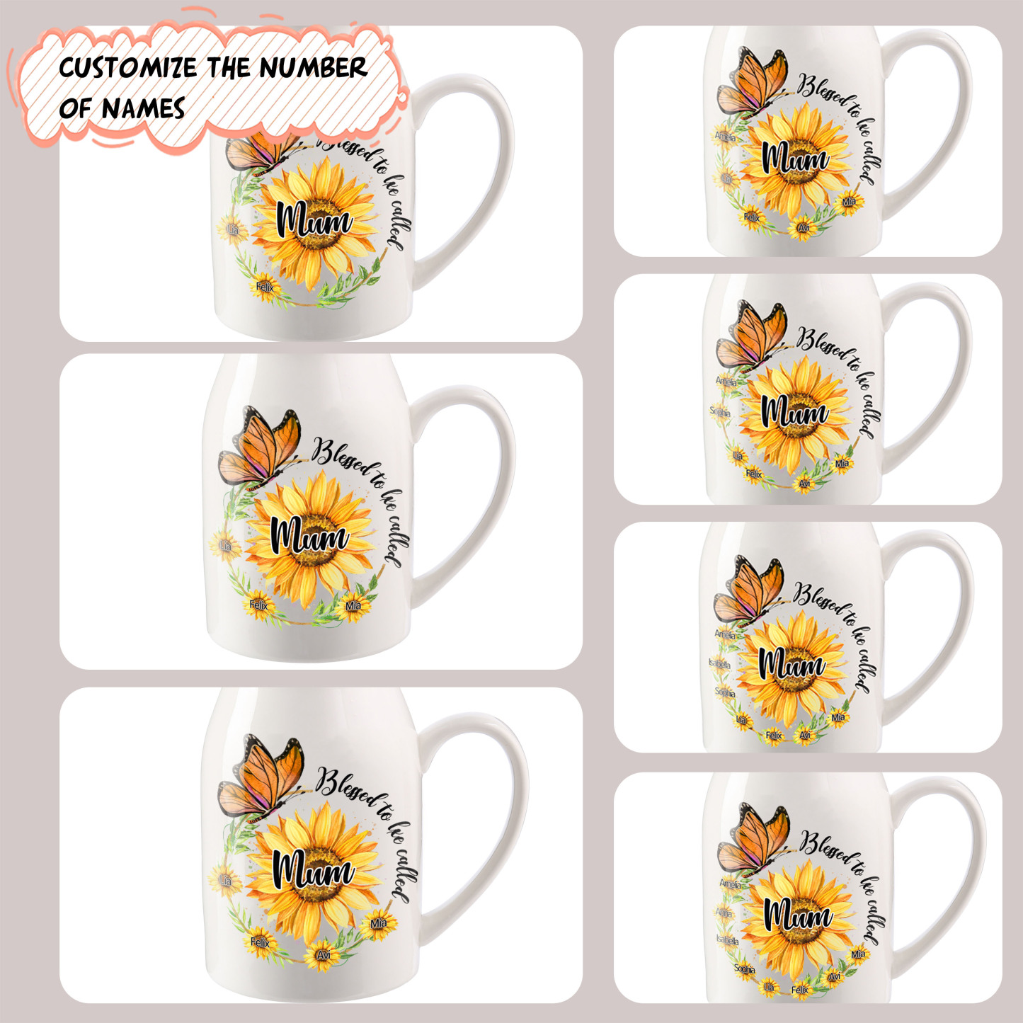 Personalised Ceramic Vase – Custom 2-8 Names & Texts – Sunflower & Butterfly Design – Unique Mother's Day Gifts for Her | Jessemade