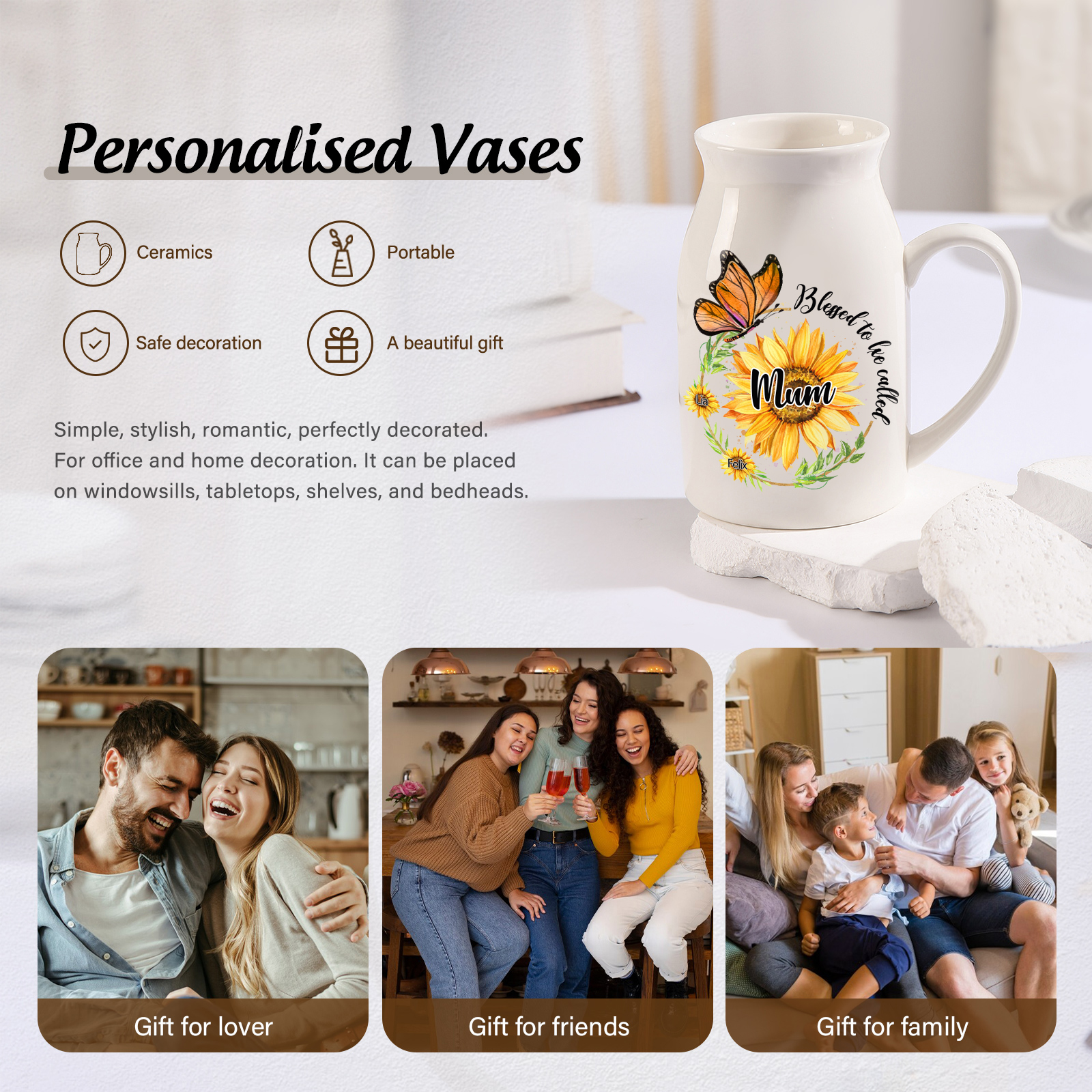 Personalised Ceramic Vase – Custom 2-8 Names & Texts – Sunflower & Butterfly Design – Unique Mother's Day Gifts for Her | Jessemade