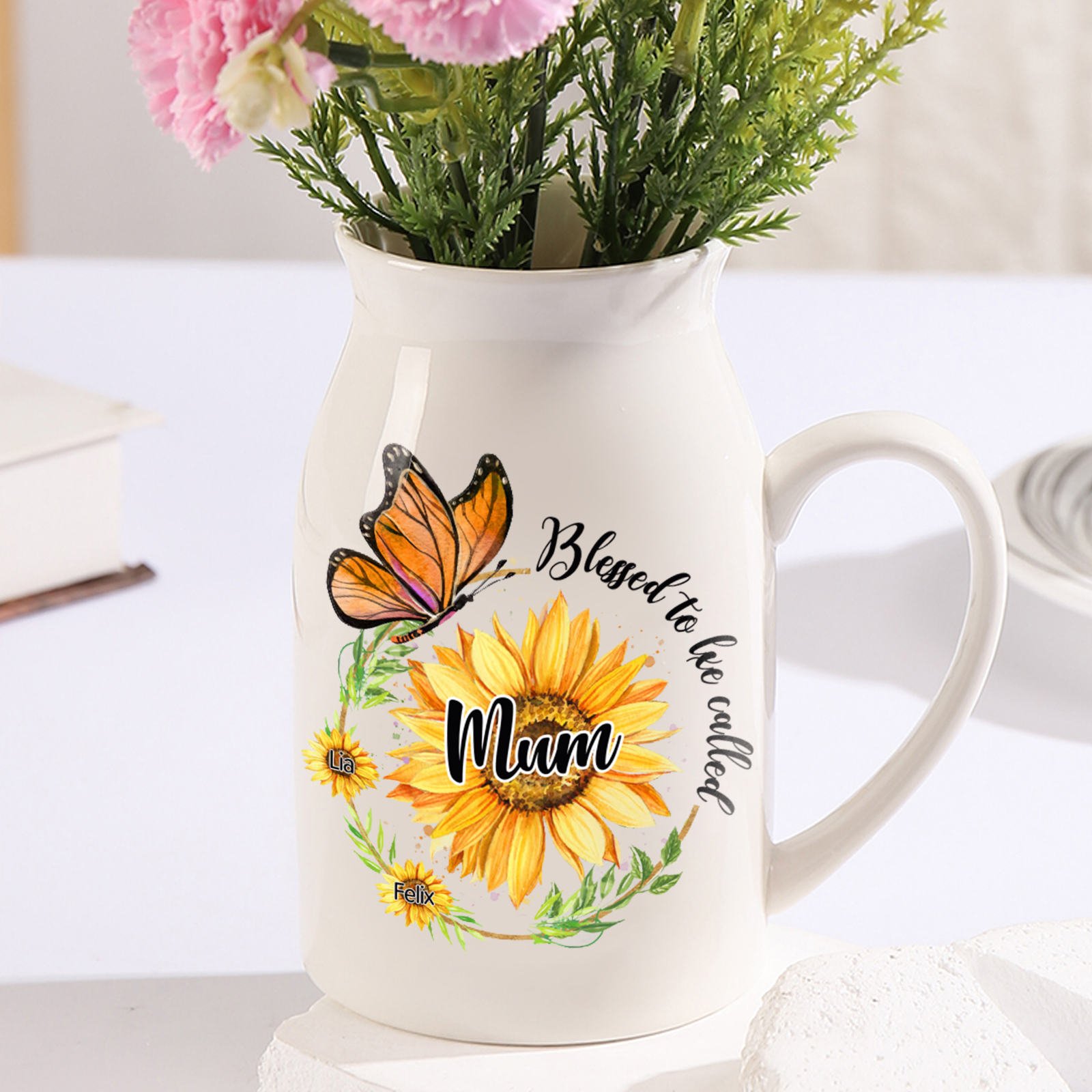 Personalised Ceramic Vase – Custom 2-8 Names & Texts – Sunflower & Butterfly Design – Unique Mother's Day Gifts for Her | Jessemade