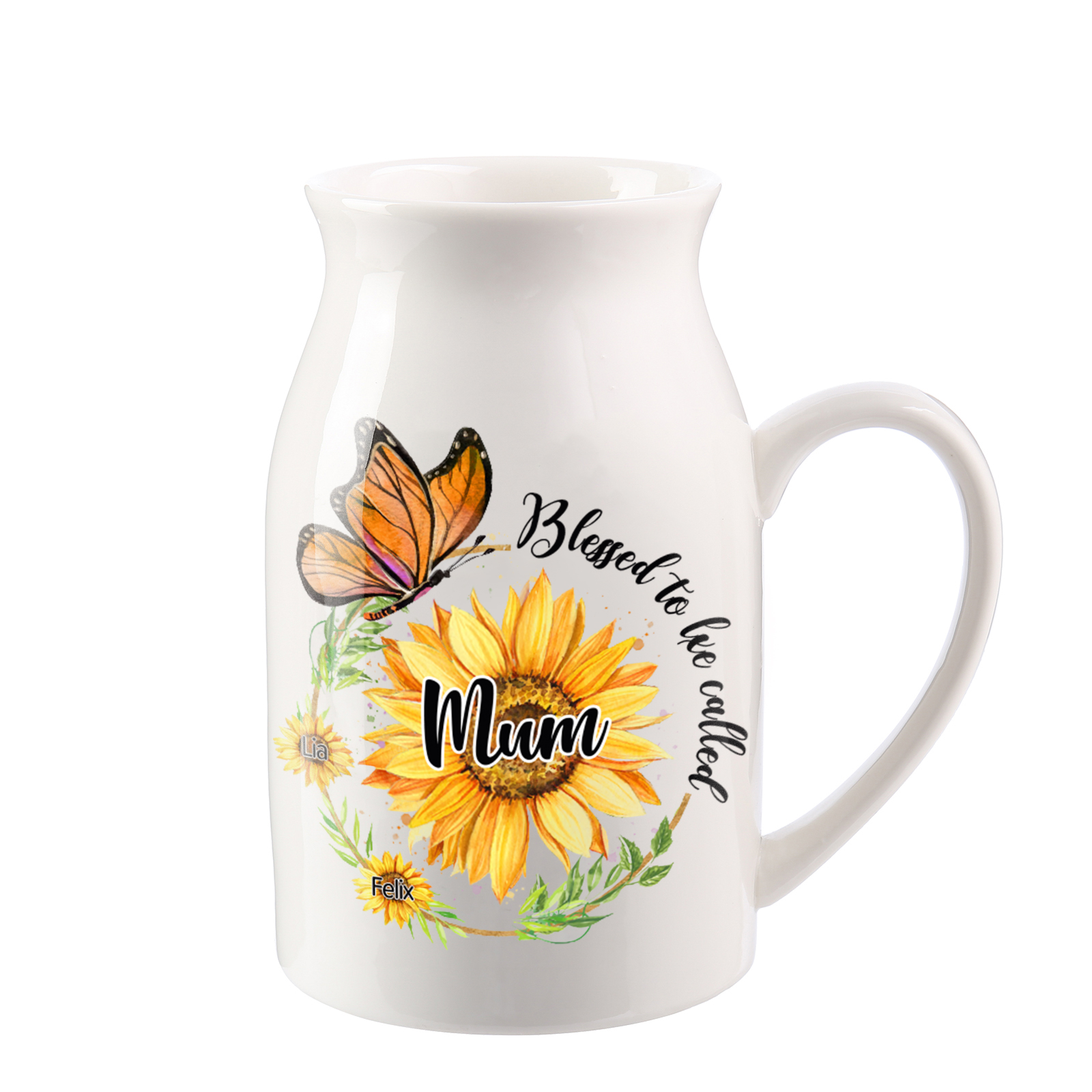 Personalised Ceramic Vase – Custom 2-8 Names & Texts – Sunflower & Butterfly Design – Unique Mother's Day Gifts for Her | Jessemade