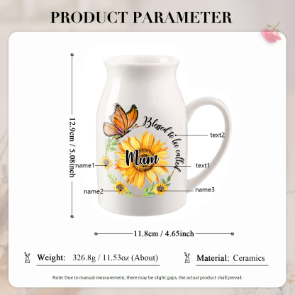 Personalised Ceramic Vase – Custom 2-8 Names & Texts – Sunflower & Butterfly Design – Unique Mother's Day Gifts for Her | Jessemade
